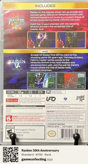 Raiden 30th Anniversary Nintendo Switch, NTSC box back