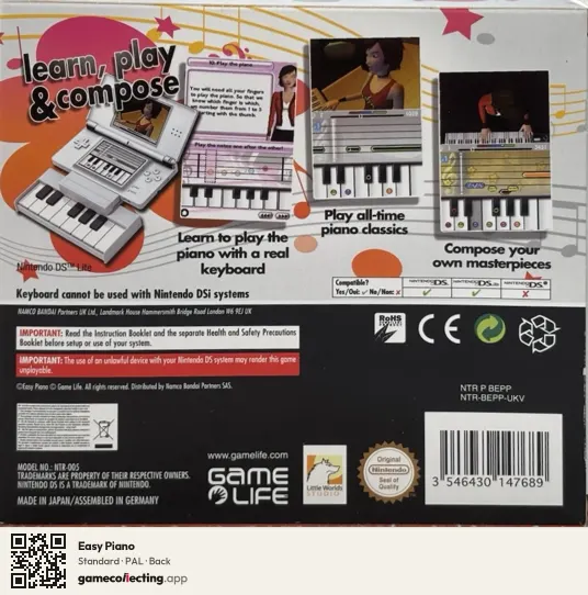 Easy Piano Nintendo DS, PAL box back