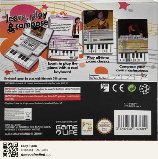 Easy Piano Nintendo DS, PAL box back