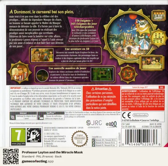 Professor Layton and the Miracle Mask Nintendo 3DS, France box back