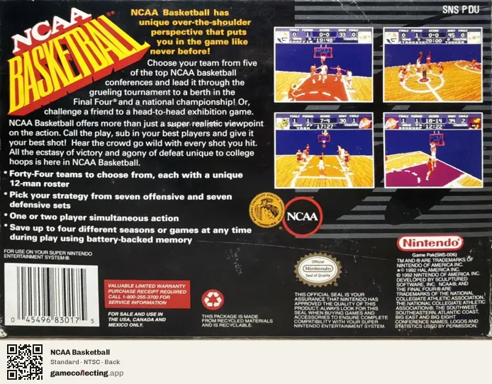 NCAA Basketball Super Nintendo Entertainment System, NTSC box back