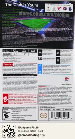 EA Sports FC 26 Nintendo Switch, NTSC box back