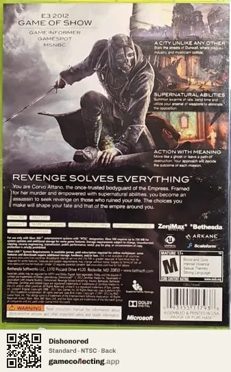Dishonored Xbox 360, NTSC box back
