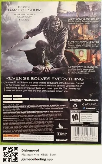Dishonored Xbox 360, NTSC box back