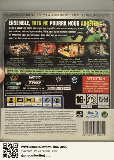 WWE SmackDown vs. Raw 2009 PlayStation 3, France box back