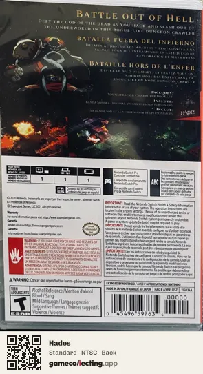 Hades Nintendo Switch, NTSC box back