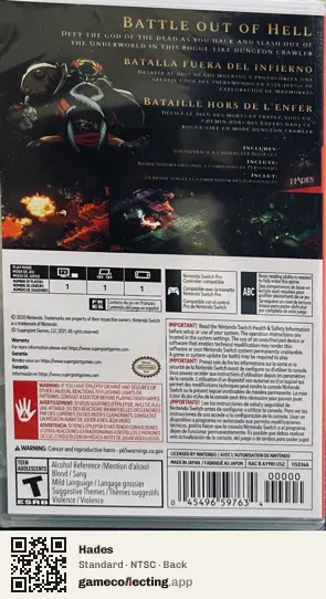 Hades Nintendo Switch, NTSC box back