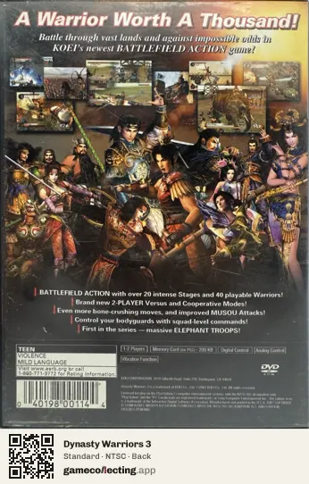 Dynasty Warriors 3 PlayStation 2, NTSC box back