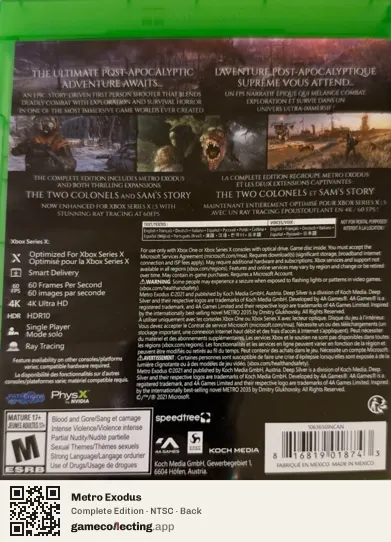 Metro Exodus Xbox Series X, NTSC box back