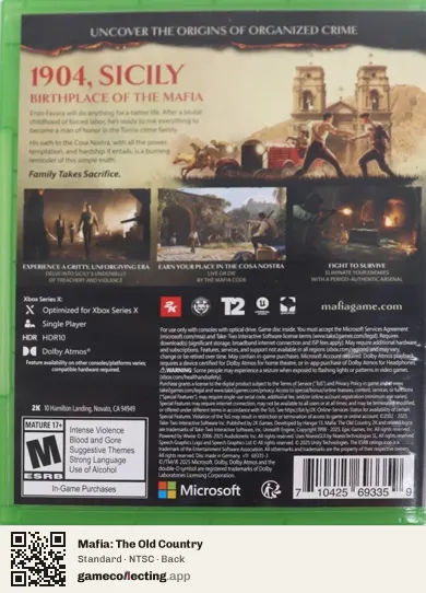 Mafia: The Old Country Xbox Series X, NTSC box back