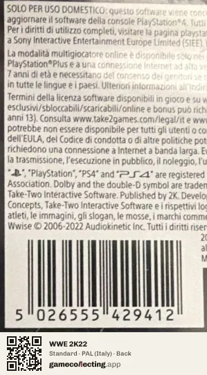 WWE 2K22 PlayStation 4, Italy box back