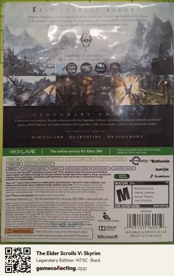 The Elder Scrolls V: Skyrim Xbox 360, NTSC box back