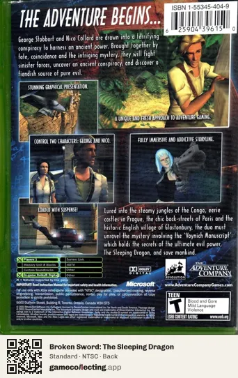 Broken Sword: The Sleeping Dragon Xbox, NTSC box back
