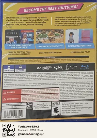Youtubers Life 2 PlayStation 4, NTSC box back
