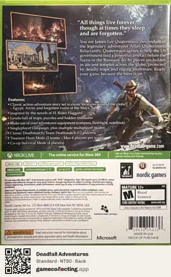 Deadfall Adventures Xbox 360, NTSC box back