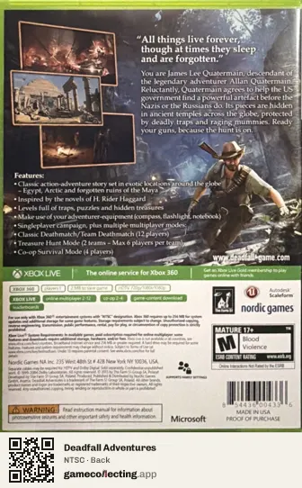 Deadfall Adventures Xbox 360, NTSC box back