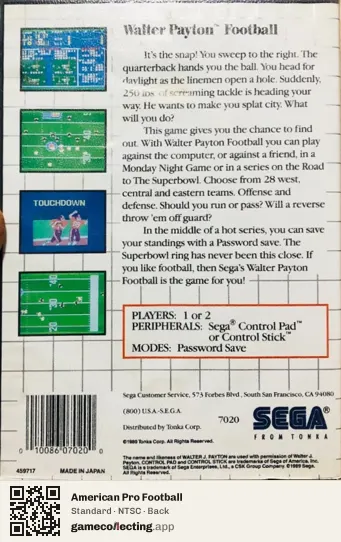 American Pro Football Sega Master System, NTSC box back