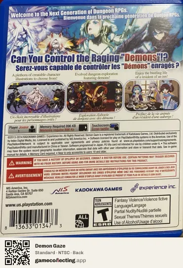 Demon Gaze PlayStation Vita, NTSC box back