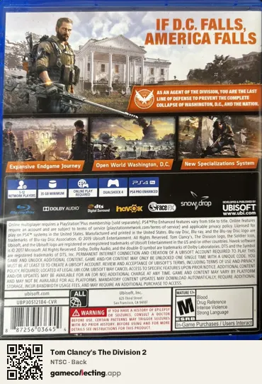 Tom Clancy's The Division 2 PlayStation 4, NTSC box back