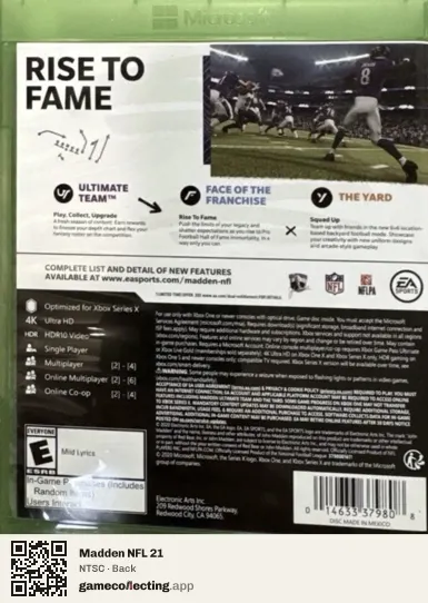 Madden NFL 21 Xbox One, NTSC box back