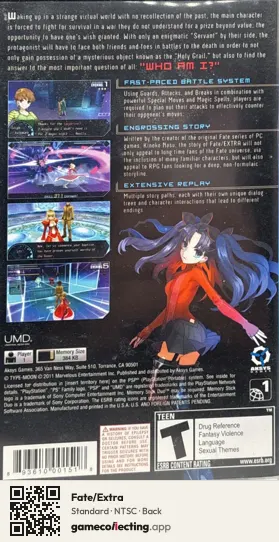Fate/Extra PlayStation Portable, NTSC box back