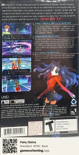Fate/Extra PlayStation Portable, NTSC box back