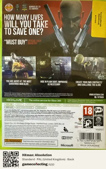 Hitman: Absolution Xbox 360, United Kingdom box back