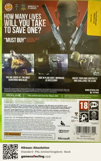 Hitman: Absolution Xbox 360, United Kingdom box back