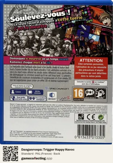 Danganronpa: Trigger Happy Havoc PlayStation Vita, France box back