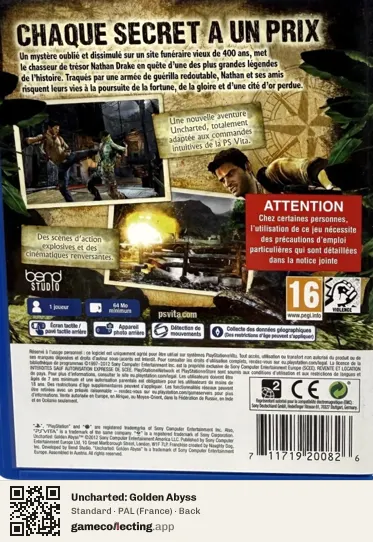 Uncharted: Golden Abyss PlayStation Vita, France box back