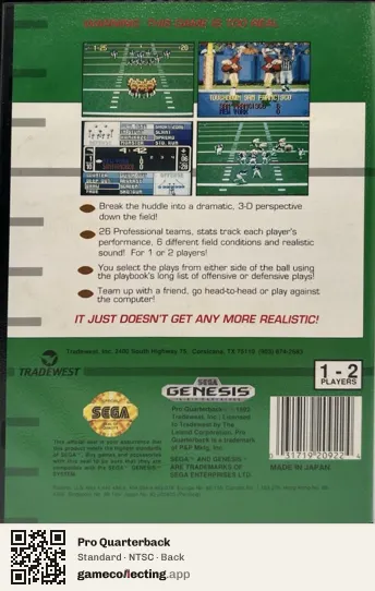 Pro Quarterback Sega Mega Drive / Genesis, NTSC box back