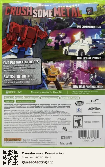 Transformers: Devastation Xbox 360, NTSC box back