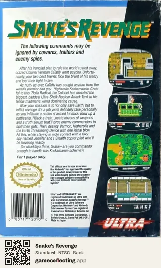 Snake's Revenge Nintendo Entertainment System, NTSC box back