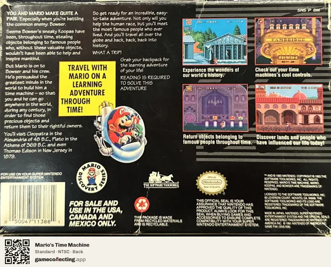 Mario's Time Machine Super Nintendo Entertainment System, NTSC box back