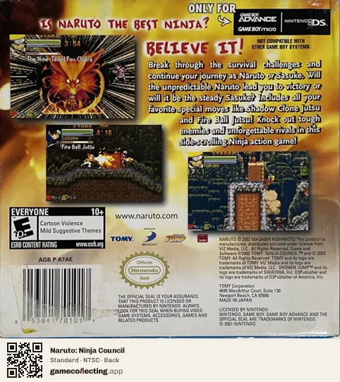 Naruto: Ninja Council Game Boy Advance, NTSC box back