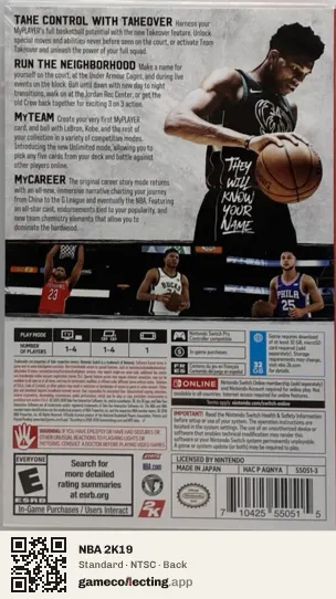 NBA 2K19 Nintendo Switch, NTSC box back