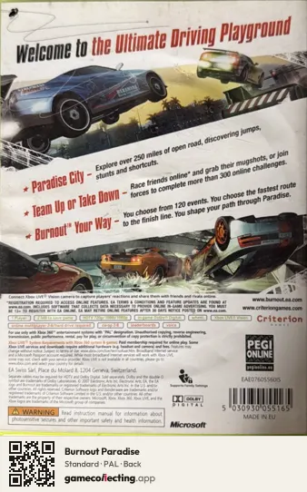 Burnout Paradise Xbox 360, PAL box back