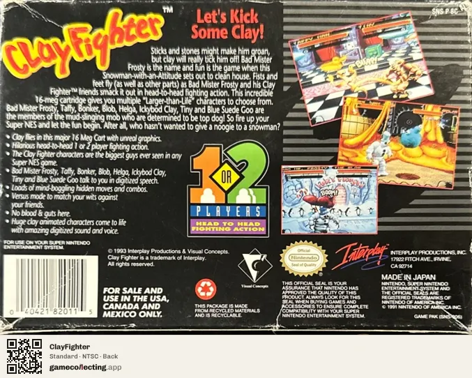 ClayFighter Super Nintendo Entertainment System, NTSC box back