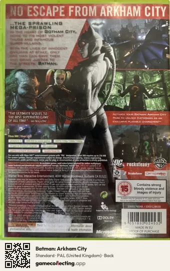 Batman: Arkham City Xbox 360, United Kingdom box back