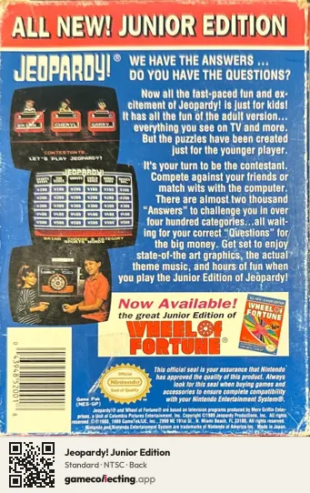 Jeopardy! Junior Edition Nintendo Entertainment System, NTSC box back