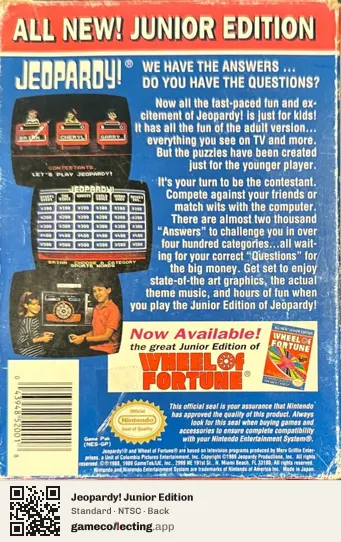 Jeopardy! Junior Edition Nintendo Entertainment System, NTSC box back