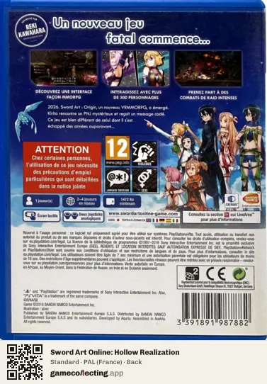 Sword Art Online: Hollow Realization PlayStation Vita, France box back