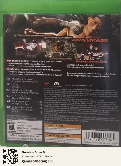 Dead or Alive 6 Xbox One, NTSC box back