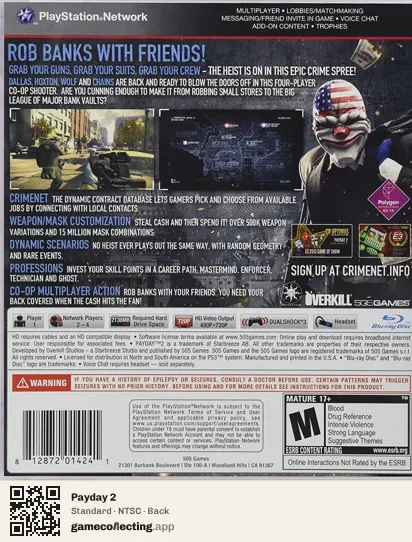 Payday 2 PlayStation 3, NTSC box back