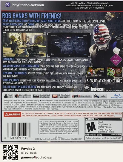 Payday 2 PlayStation 3, NTSC box back