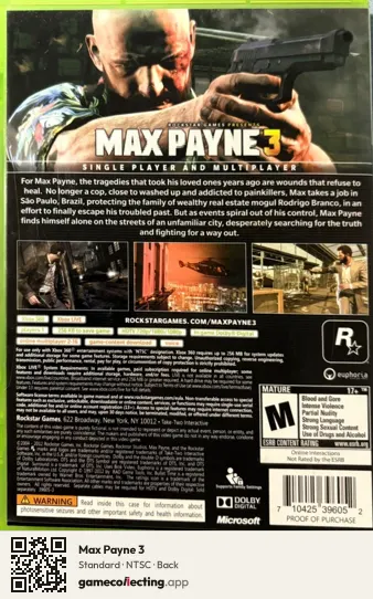 Max Payne 3 Xbox 360, NTSC box back