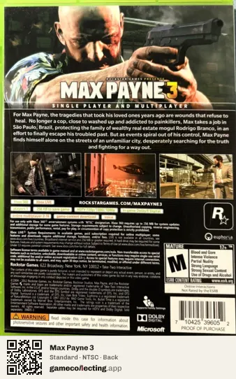 Max Payne 3 Xbox 360, NTSC box back