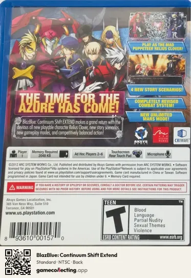 BlazBlue: Continuum Shift Extend PlayStation Vita, NTSC box back