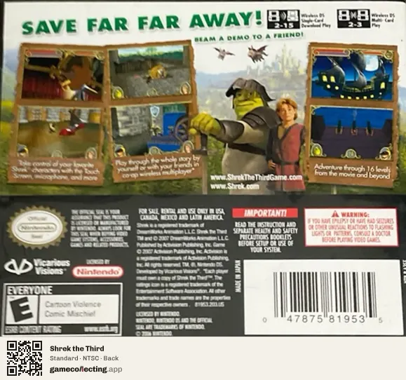 Shrek the Third Nintendo DS, NTSC box back