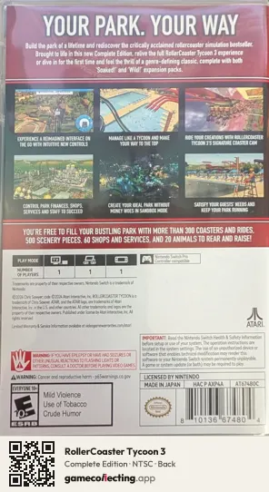 RollerCoaster Tycoon 3 Nintendo Switch, NTSC box back